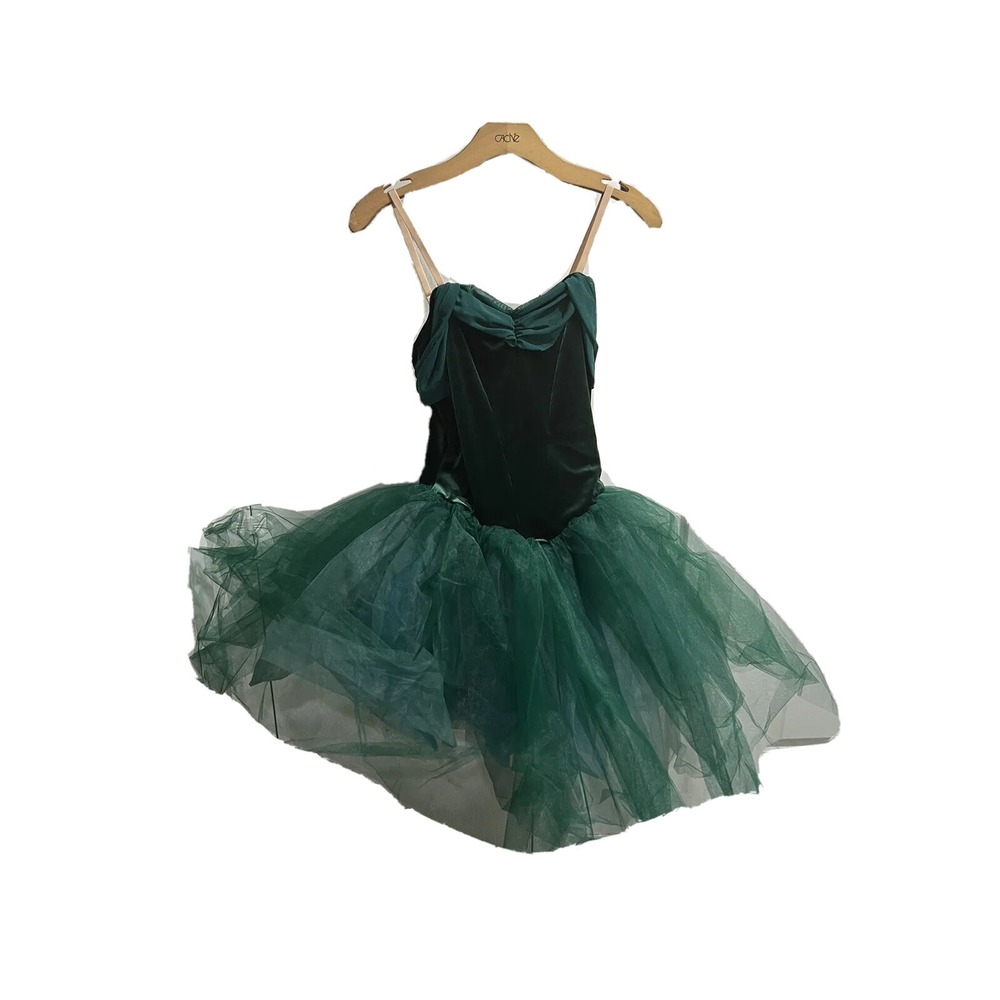 Weissman Dance Costume Velvet Leotard Size MA Dark Green Lace Tutu W/Adj. Straps